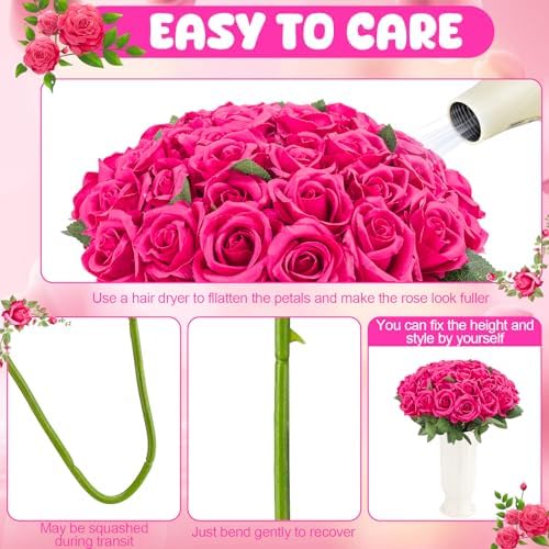 36 Pcs Hot Pink Artificial Roses with Long Stems