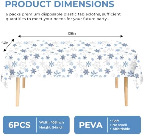6 Pack Christmas Snowflake Tablecloth Disposable Plastic Tablecloth Table Cover for Christmas Party Decoration Supplies 54" x 108" (Blue Snowflake)