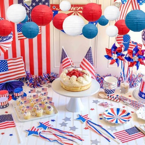 18Pcs Red Royal Blue White Paper Lanterns for Parties, 6” 8” 10” 12” Chinese Asian Hanging Round Paper Lanterns for 4 of July, Independence Day Home Decor Party Decor