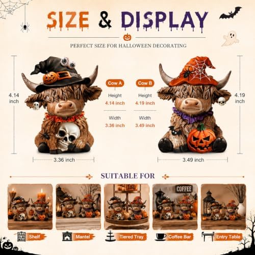 Karenhi 2 Pcs Highland Cow Figurines, Halloween Tabletop Statues Decor