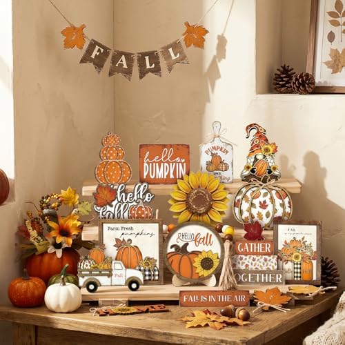 Maitys 21pcs Fall Tiered Tray Decor Set Hello Fall Thanksgiving Wood Sign Pumpkin Sunflower Gnome Farm Truck Wood Bead Garland Rustic Farmhouse Table Centerpieces for Autumn Harvest Home Kitchen Decor