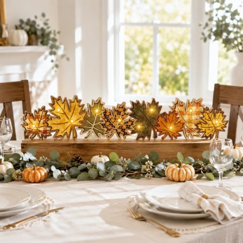 Rattanview Fall Maple Lighted Decorations, Wooden Table Centerpiece