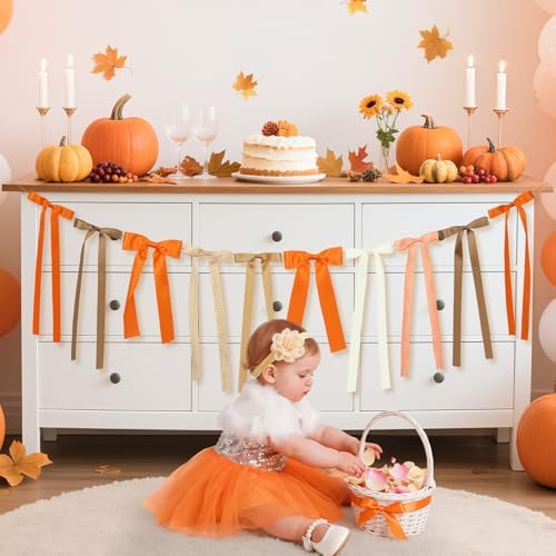 Fall Bow Garland, Fall Mantel Bows Garland Thanksgiving Bow Banner Autumn Hanging Garlands Fall Decorations for Home Office Fireplace Mantle Decor, Table Wall Halloween Thanksgiving Farmhouse Decor