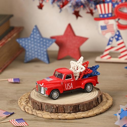 4th of July Truck Decorations - Farmhouse Metal Truck Car Decor with Stars Decorations, Patriotic Centerpieces for Tables - Lndependence Day Memorial Day Red White and Blue Tiered Tray Decor