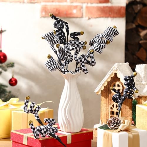 Thiccywoov 6 Pcs Christmas Tree Picks Black and White Christmas Ornaments Woolen Bells Curly Picks Xmas Branches Xmas Halloween Decoration Home Office Party Ornaments