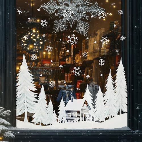 Whaline 55" Large Christmas Window Clings White Xmas Tree Cabin Snowflake Window Decal Reusable Anti-Collision Windows Decor for Winter Holiday Home Party Supplies, 8 Sheets