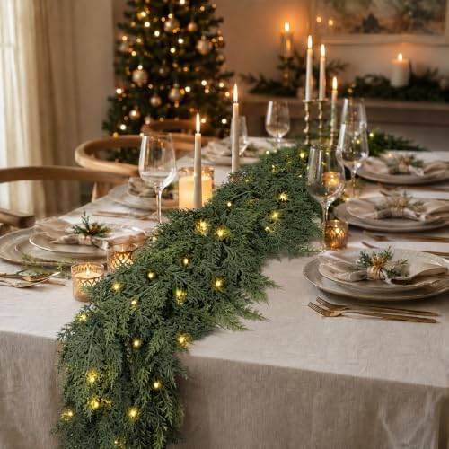 9FT Cedar Christmas Garland with Lights Realistic Prelit Pine Garland Decor