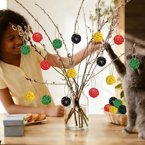 Lucleag 32Pcs Black Red Green Yellow Natural Rattan Balls Ornament Vase Filler, African American Wicker Hanging Decor for Black History Month Juneteenth Kwanzaa Tree Home Table Decor Party Supplies