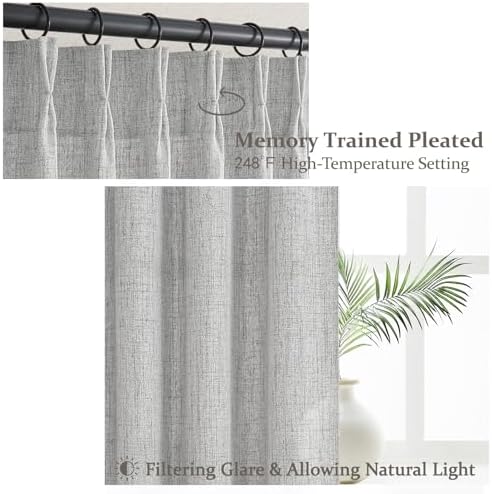 PleatedDrapes Light Grey Pinch Pleat Curtains 105 Inches Extra Long for Room Divider, Memory Shape Semi Sheer Natural