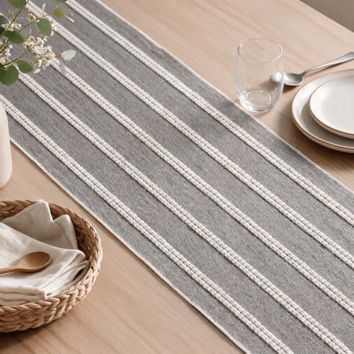 Artoid Mode Grey Farmhouse Dashed Stripe Table Runner, Seasonal Holiday Boho Rustic Kitchen Dining Table Decoration for Home Party Decor 12x72 Inch