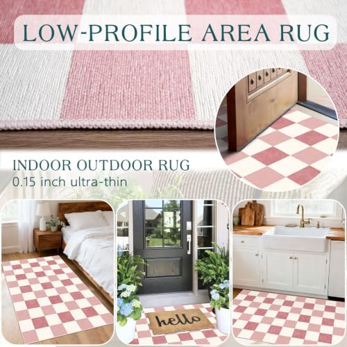 Pink White Checkered Rug, 28"x43" Doormat Indoor Outdoor Entrance