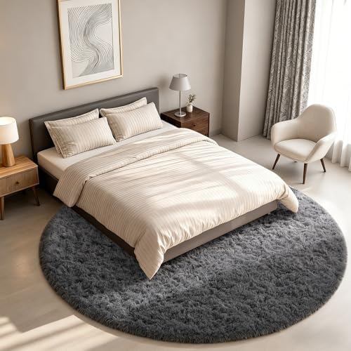 Ophanie Round Rug 7Ft Grey Circle Area Rugs,Large Fluffy Fuzzy Living Room Carpet 7 Foot,Plush Shag Solid Indoor Floor