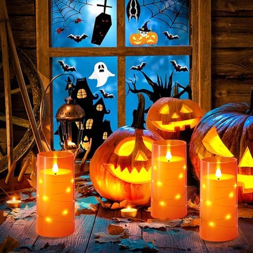 NURADA 3"x6"Flickering Flameless Candles: Built-in Star String Lights 3D Wick Battery Operated LED Pillar Candles with Remote and Timer for Halloween Thanksgiving Dinner Tables Home Fall Decor Orange