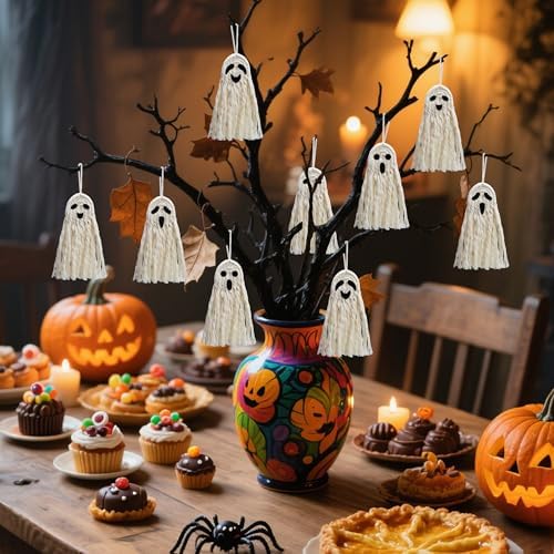 12 Pcs 5" Halloween Boho Ghost Macrame Decor, Handmade Boho Ghost Ornaments