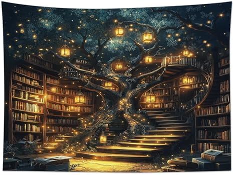 HVEST Fantasy Library Bookshelf Wall Tapestry Fairytale Tree Magic Bookshelf Tapestry Wall Hanging Retro Vintage Tapestries for Classroom Study Room Bedroom Living Room Dorm, 70.9L x 92.5W Inches