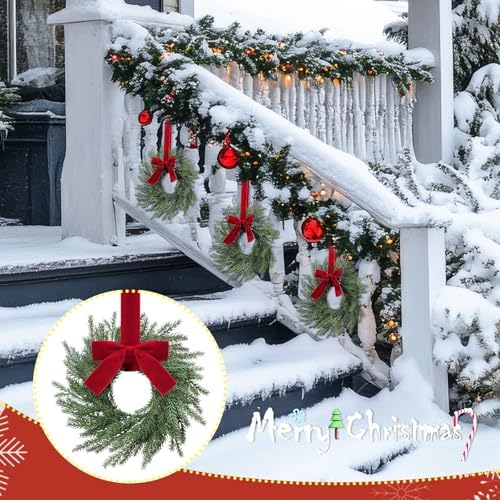 4 Pcs Small Christmas Norfolk Wreaths Evergreen 12.6 Inch Christmas Kitchen Cabinet Mini Wreaths Real Touch with Bow and Burgundy Ribbon for Xmas Front Door Window Home Table Pillar Decor