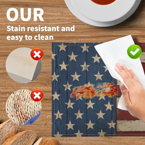 4th of July Placemats Set of 4 18x12 Inch Patriotic American Flag Linen Place Mats Heat-Resistant Washable Wipeable Independence Day Memorial Day Table Mat for Party Kitchen Dining Room Dinner Table