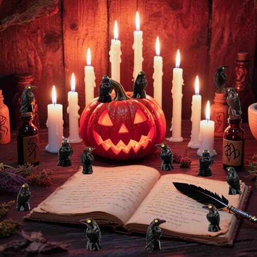 60Pcs Mini Resin Crows,Mini Black Crow Ravens Figurines