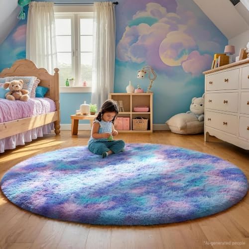 Ophanie Round Rugs 5Ft Tie-Dye Rainbow Purple Area Rug,Aesthetic Room Decor,Fluffy Fuzzy Bedroom Carpet,Plush Soft