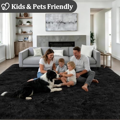 Area Rug Living Room Bedroom: 5x7 Fluffy Plush Shag Carpet Black