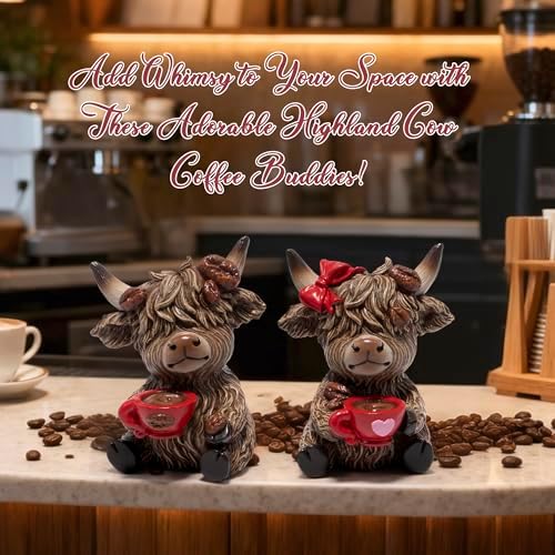 Hodao Christmas Highland Cow Coffee Resin Figurines,Xmas Farmhouse Decor for Tiered Tray, Tabletop, Mantel, Gift for Xmas Home Decoration