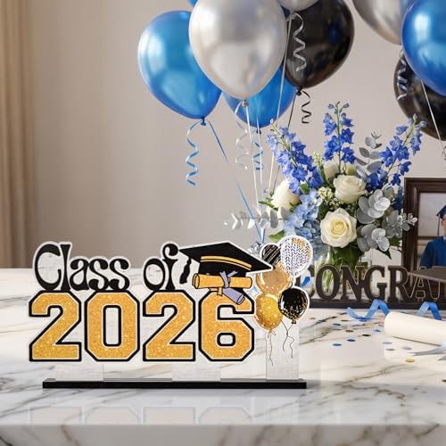 Smile 2026 Graduation Wooden Standing Decor Set, 2-Piece Class of 2026 Balloon Bouquet Tiered Tray Tabletop Signs with Stands for Graduation Party Decorations