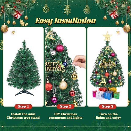 Mini Christmas Tree with Lights, 2 Ft Small Tabletop Christmas Tree, 2 Pack