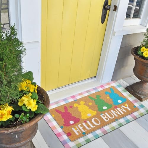 Tinideya 2 Pcs Hello Bunny Easter Layered Mat for Front Door