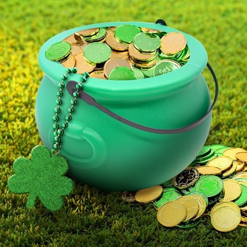 8 Inch Plastic Green Cauldron Kettle for St. Patrick's Day and Halloween, Large Pot of Gold Bucket for Table Decorations, Centerpieces, Trick or Treat & St. Paddy's Party Supplies