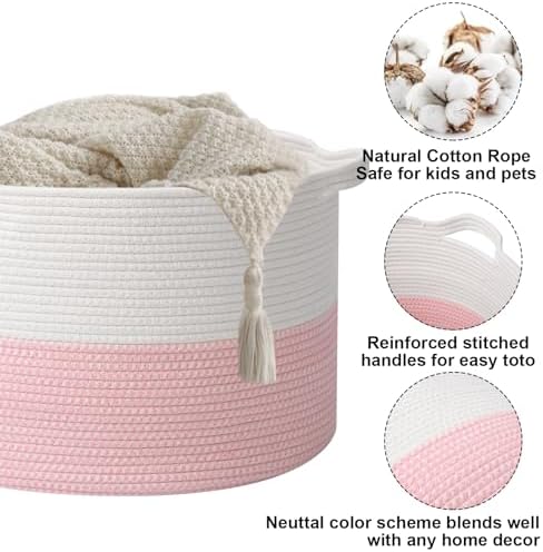 65L Large Pink Woven Cotton Rope Basket with Handles