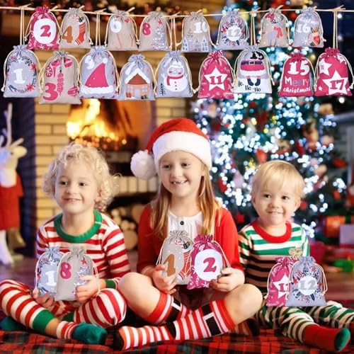 24 Pcs Christmas Advent Calendar Number Bags with Drawstring Closure, 24 Days Countdown Calendar Bags for Xmas gifts, Reusable Christmas gift Bags with Rope and Clips for Winter Holiday Party Favor (Purple)