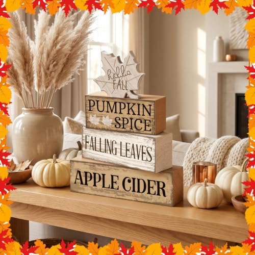 Moucuny 4 Pcs Neutral Fall Table Decor for Home Maple Leaf Wooden Blocks