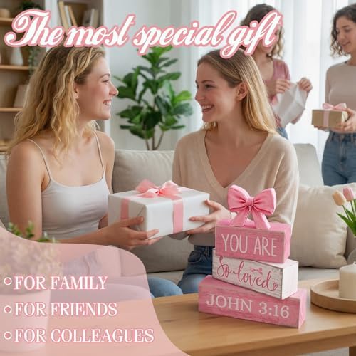 Lineshading 4 Pcs Pink Bow Decor Christian Table Decor Wooden Block Signs
