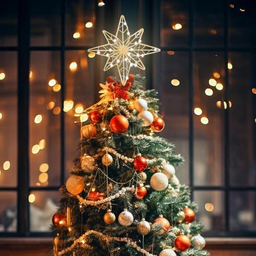 hogardeck Christmas Tree Topper, 12 Inches Lighted Gold Glittered 8-Point Star Tree Topper, 30 LED Sparkling Tree Toppers Christmas Decorations, Battery Powered Timer Xmas Treetop Star Decor