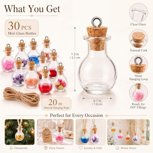Patelai 30 Pcs Mini Glass Bottles with Cork Glass Tiny Potion Bottles with Lids Clear Mini Wishing Spell Jars with 20 Meters Hanging Rope for Necklace Making Halloween DIY Art Craft(Ball-Shaped)