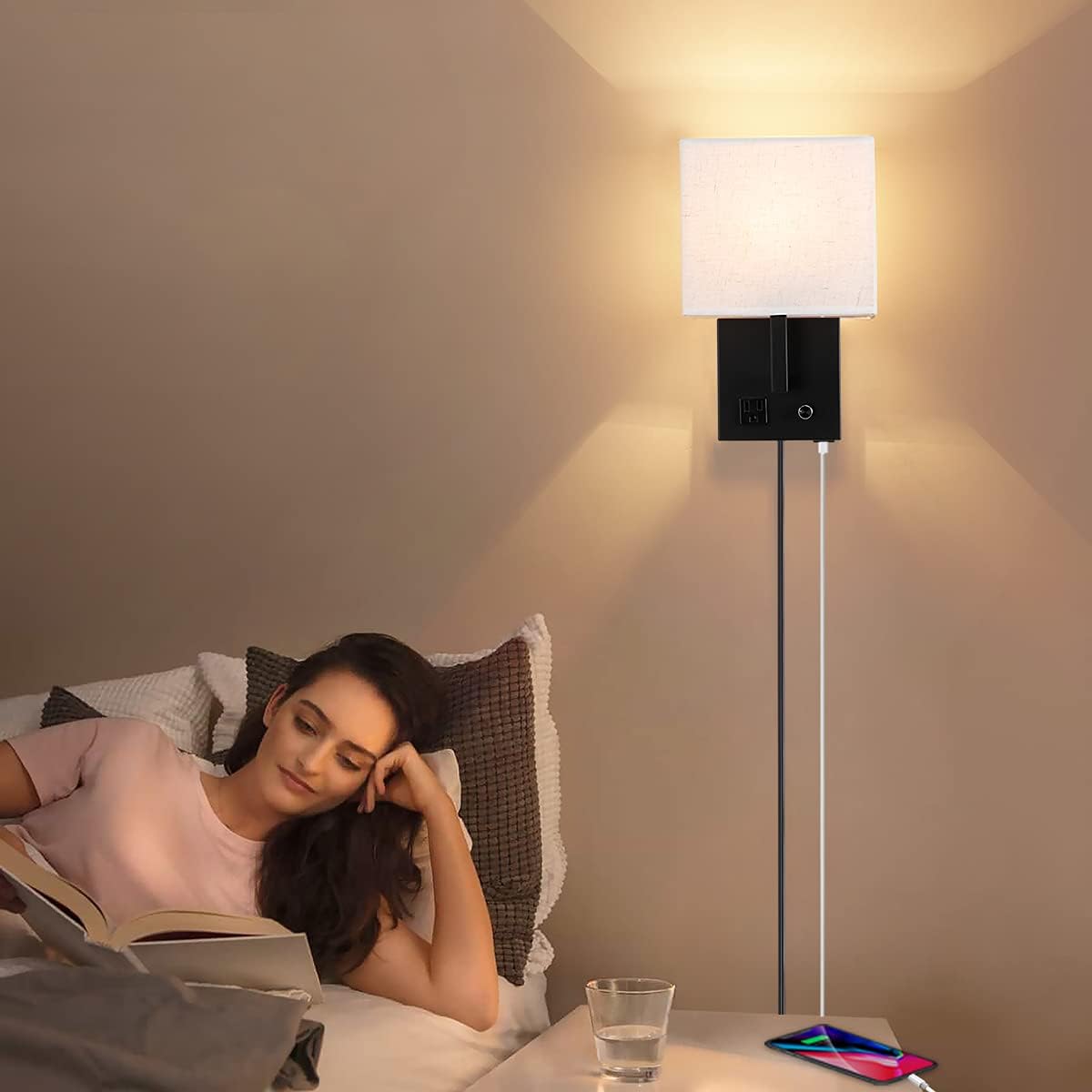 Plug in Wall Sconce, Bedside Wall lamp with Plug and dimmable Switch, with USB Charging Port and Socket, Suitable for