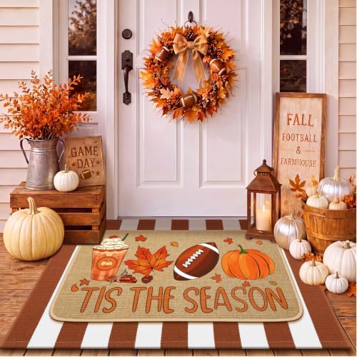 Tinideya 2 Pcs Fall Football Door Mat Outdoor Autumn Pumpkin Welcome Mat