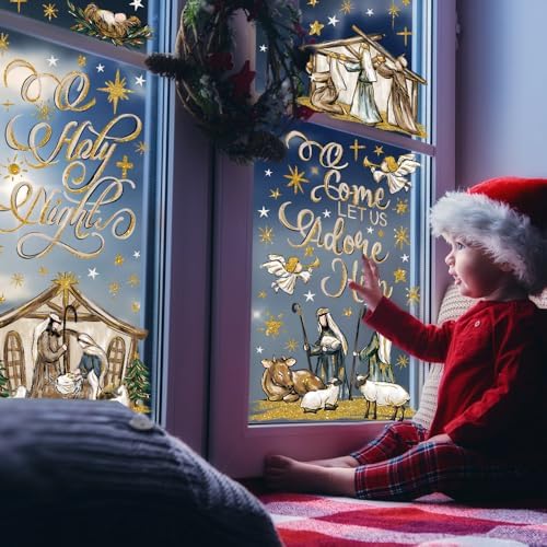 DULEFUN Christmas Window Clings 6 Sheets Jesus Nativity Window Stickers Decals Double-Sided Christmas Glass Window Decoration for Xmas Home Kitchen Office Decor Winter Holiday New Year