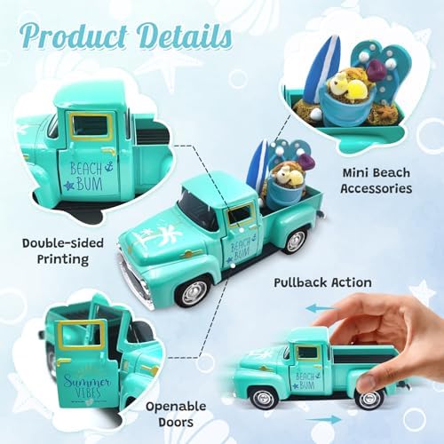 Beach Decor Metal Truck with Mini Fake Beach Buckets Surfboards Flip Flops
