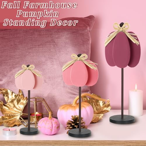 Thyle 3 Pcs Fall Pumpkin Decor, Wooden, Pink