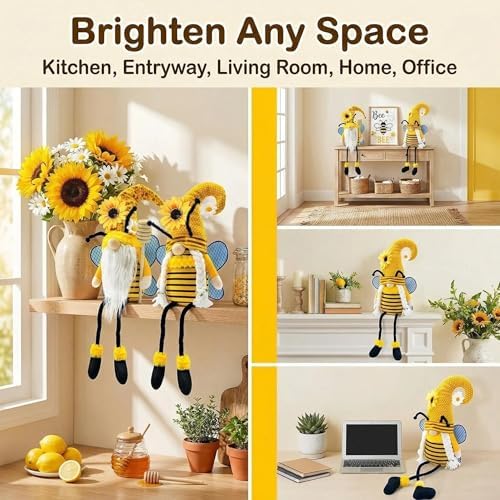 Lovinland Spring Decorations for Home, Office, Indoor - Yellow Honey Bumble Bee Sunflower Plush Gnomes Doll - Summer Gnome Gifts for Women - Bee Stuffed Sitters for Shelf Decor (Spring-Bee)