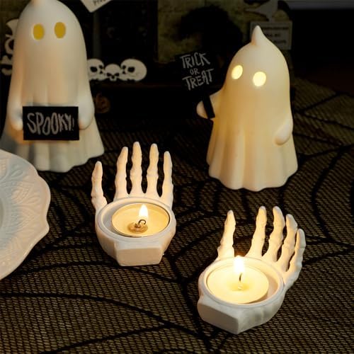 FORUP 6 Pack Skeleton Hand Tea Light Candle Holders, Halloween Candle Holder, Halloween Home Table Decoration, Dia.1.57", White