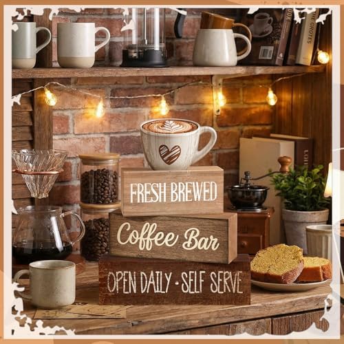 Moucuny 4 Pcs Farmhouse Coffee Bar Signs Decor Wooden Cafe Cup Signs