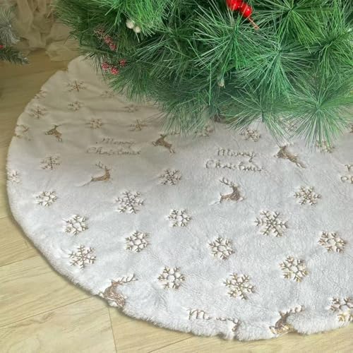 30 Inch White Faux Fur Christmas Tree Skirt - Luxurious Thick Plush Tree Skirt with Snowflake Design, Super Soft Holiday Decor for Xmas Tree (Fits 7-9 ft Trees)