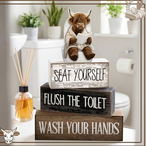 Moucuny 4 Pcs Highland Cow Bathroom Decor Funny Wooden Signs Farmhouse