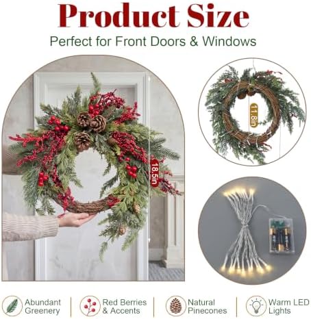 Yinder 20 Inch Christmas Wreath with LED Lights Red Berry Rattan