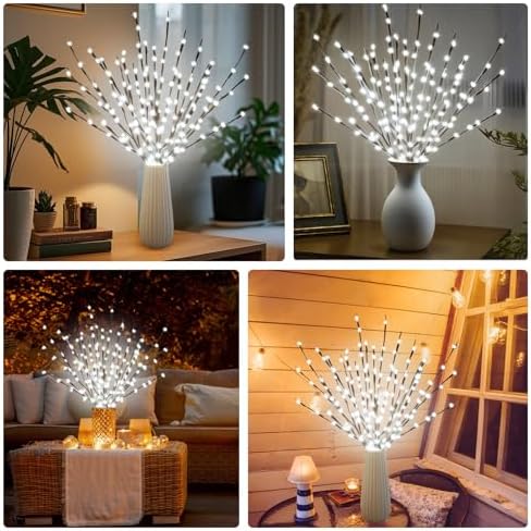 DK177 4 Pack LED Branch Light Battery Operated Lighted Branch Vase Filler Willow Tree Artificial Little Twig Power Brown 30 Inch 20 LED for Home Romantic Decoration, White
