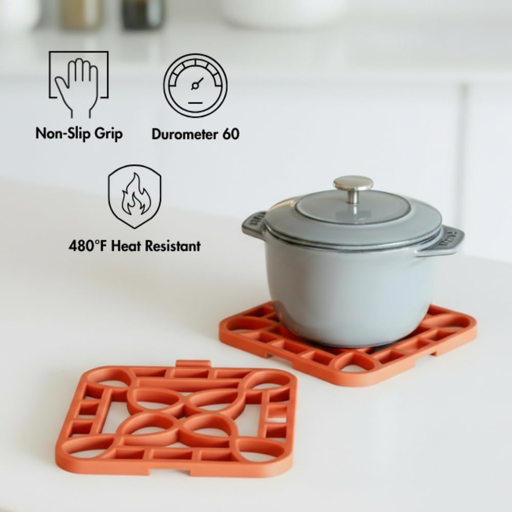 4-Pack Trivets for Hot Dishes - Orange Interlocking Hot Pads for Kitchen, Coffee Bar Essentials, Silicone Mats for