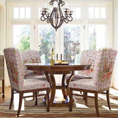 Easter Chair Covers Set of 4 Spring Pink Bunny Floral Buffalo Plaid Dining Room Slipcovers Stretch Parsons Chair Seat Protectors Spring Easters Decor-4PCS