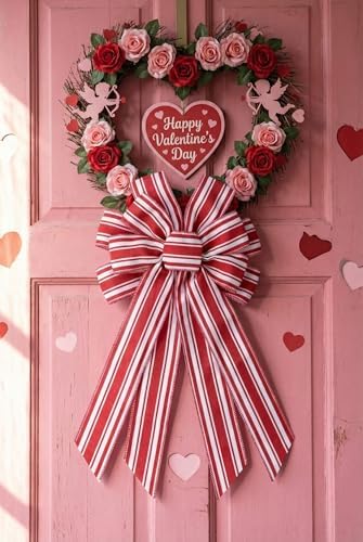 Red White Striped Wreath Bow for Front Door, 20.87 x 11.42 Inch Large Premade Valentine's Day Holiday Bows, Valentines 4th July Decorate
